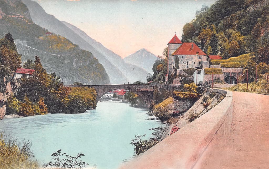 Château de Saint-Maurice et pont sur le Rhone. Phototypie. Château de Saint-Maurice et pont sur le Rhone. Phototypie.