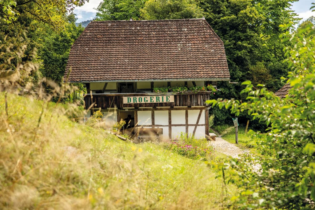 Le haut toit à croupes, les colombages peints et les murs crépis de blanc donnent de l’élégance à la Droguerie Herzogenbuchsee. Le haut toit à croupes, les colombages peints et les murs crépis de blanc donnent de l’élégance à la Droguerie Herzogenbuchsee.