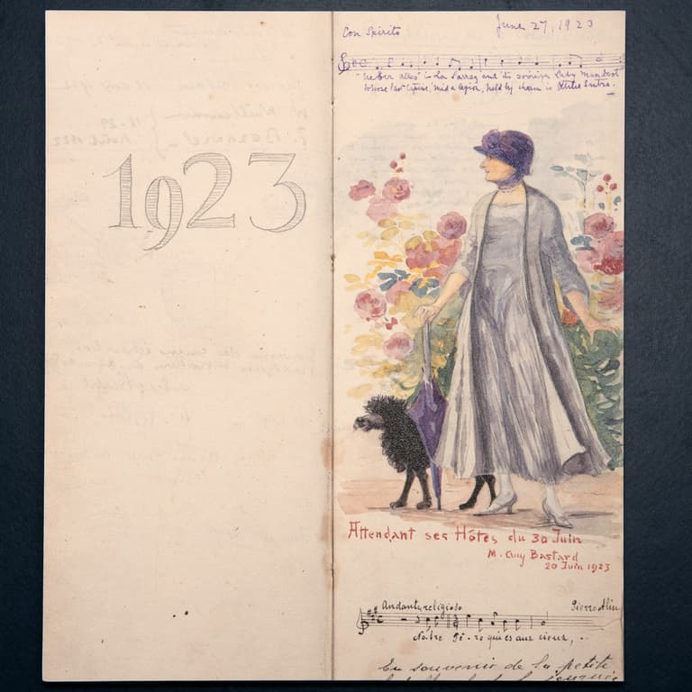 Page du livre des hôtes représentant Hélène de Mandrot, «attendant ses hôtes du 30 Juin», 1923, signée Marc-Auguste Bastard, mélodies et aquarelle. Page du livre des hôtes représentant Hélène de Mandrot, «attendant ses hôtes du 30 Juin», 1923, signée Marc-Auguste Bastard, mélodies et aquarelle.